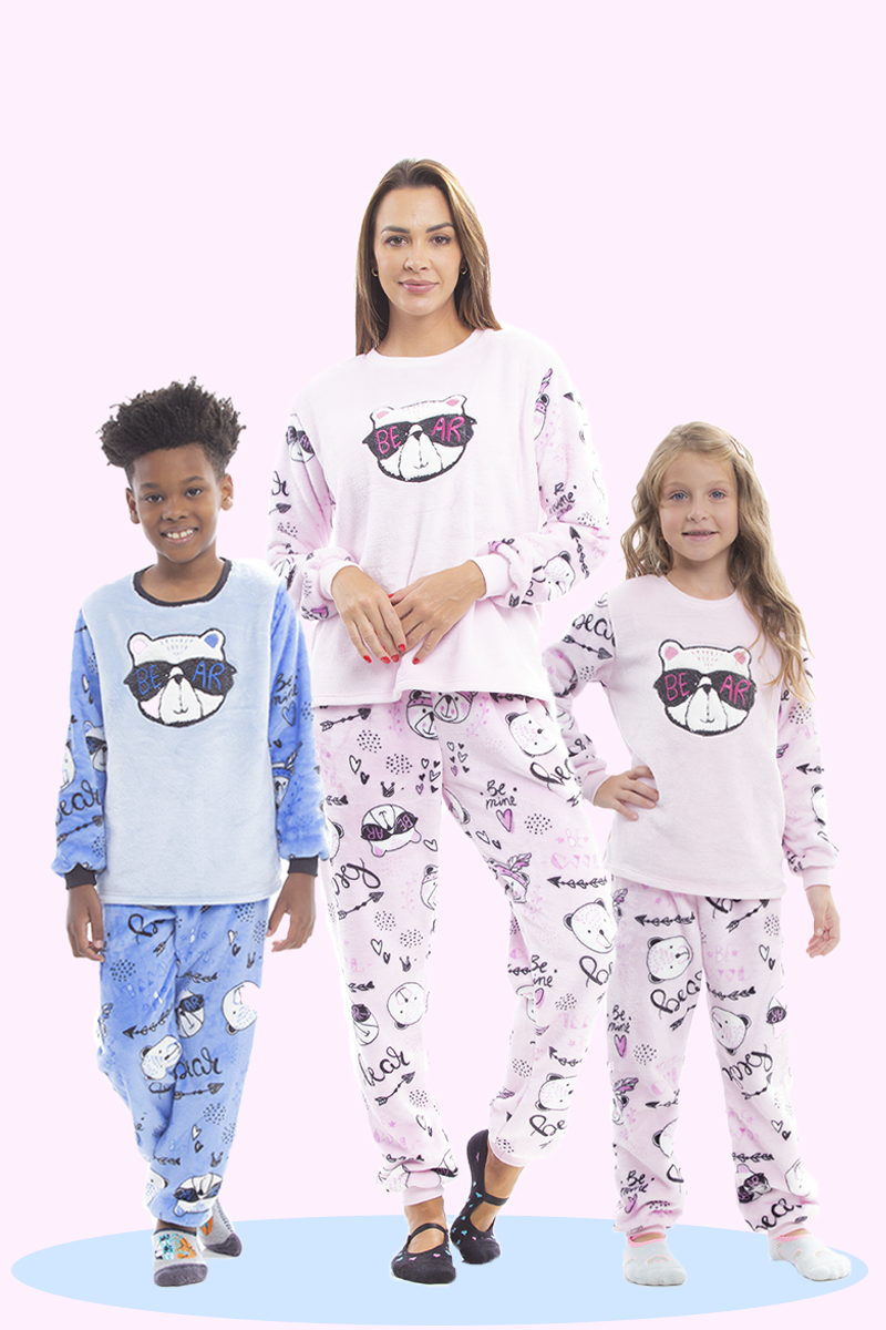 Pijama de Inverno Infantil Feminino em Fleece - Ursinho Rosa
