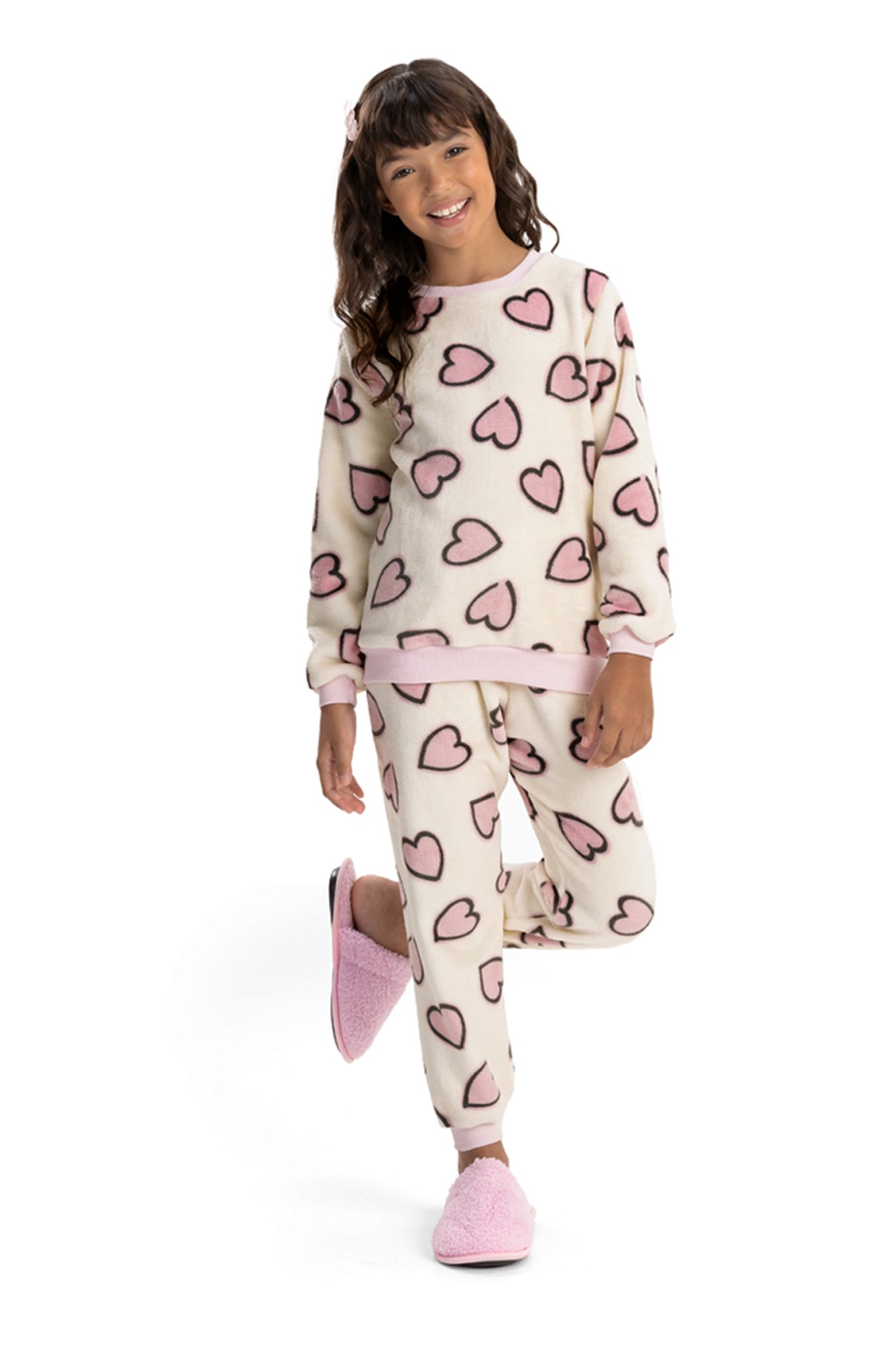 Pijama Infantil em Fleece Feminino - Corações Branco