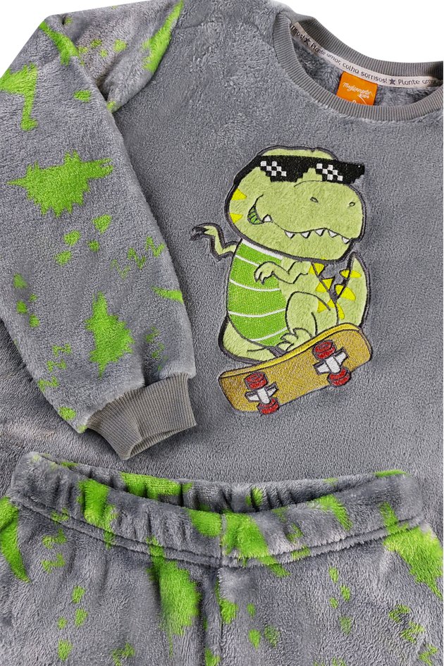 Pijama Infantil em Fleece Masculino Dinossauro Verde